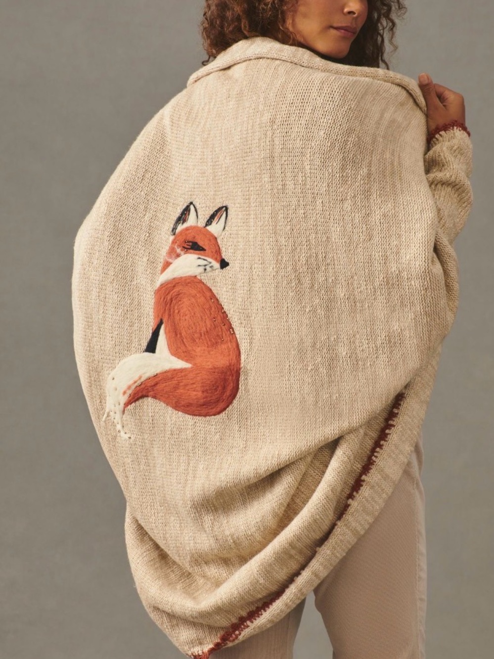 Anthropologie Cream Knit Poncho with Red Fox Appliqué - Picture 5 of 8